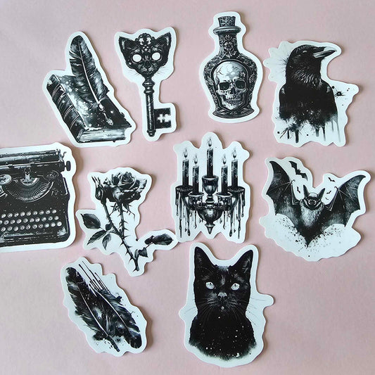 GOTH THEME STICKER PACK X 8 - BLACK VINTAGE STYLE GOTH