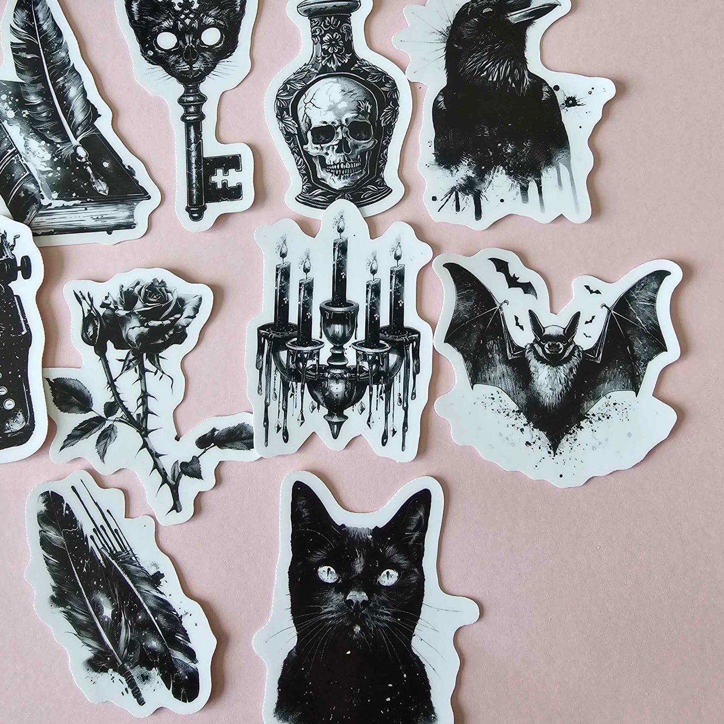 GOTH THEME STICKER PACK X 8 - BLACK VINTAGE STYLE GOTH