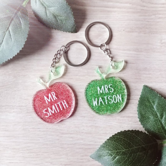 PERSONALISED TEACHER APPLE KEYRING RESIN GLITTERED ACRYLIC TEACHER GIFT ENED OF TERM