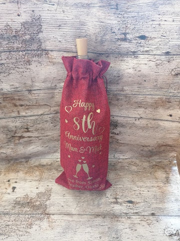 Personalised anniversary wine bottle gift bag jute hessian material keepsake anniversary gift