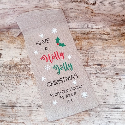 have a holly jolly christmas jute burlap wine  bottle gift bag xmas wine gift bag friend and family wine gift xmas wine