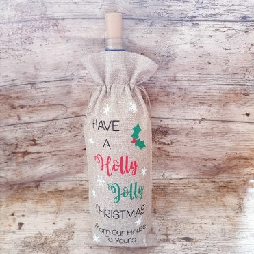 have a holly jolly christmas jute burlap wine  bottle gift bag xmas wine gift bag friend and family wine gift xmas wine