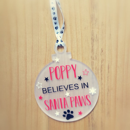 personalised pet dog christmas tree decoration believes in santa paws xmas tree dec