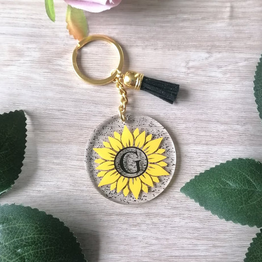 Personalised keyring with monogram initial - sunflower theme